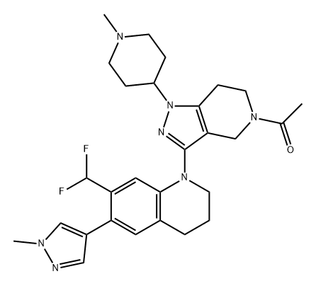 Ethanone, 1-[3-[7-(difluoromethyl)-3,4-dihydro-6-(1-methyl-1H-pyrazol-4-yl)-1(2H)-quinolinyl]-1,4,6,7-tetrahydro-1-(1-methyl-4-piperidinyl)-5H-pyrazolo[4,3-c]pyridin-5-yl]- Structure