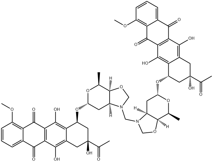 5,12-Naphthacenedione, 7,7'-[methylenebis[[(3aS,4S,6R,7aS)-tetrahydro-4-methyl-2H-pyrano[4,3-d]oxazole-1,6(6H)-diyl]oxy]]bis[9-acetyl-7,8,9,10-tetrahydro-6,9,11-trihydroxy-4-methoxy-, (7S,7'S,9S,9'S)- 구조식 이미지