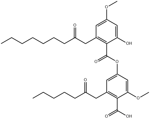 Benzoic acid, 2-hydroxy-4-methoxy-6-(2-oxononyl)-, 4-carboxy-3-methoxy-5-(2-oxoheptyl)phenyl ester Structure