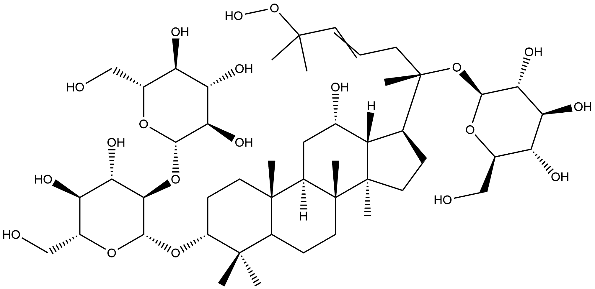 β-D-Glucopyranoside, (3β,12β)-20-(β-D-glucopyranosyloxy)-25-hydroperoxy-12-hydroxydammar-23-en-3-yl 2-O-β-D-glucopyranosyl- Structure