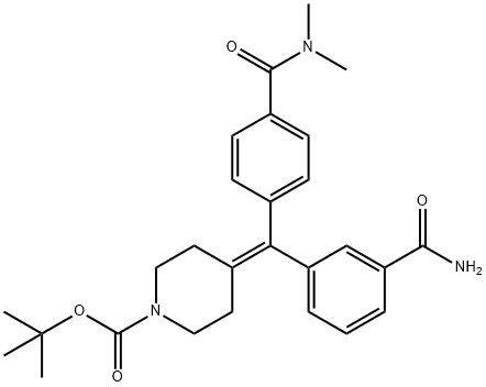 1-Piperidinecarboxylic acid, 4-[[3-(aminocarbonyl)phenyl][4-[(dimethylamino)carbonyl]phenyl]methylene]-, 1,1-dimethylethyl ester Structure