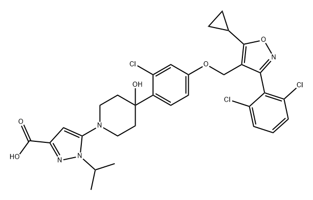 1H-Pyrazole-3-carboxylic acid, 5-[4-[2-chloro-4-[[5-cyclopropyl-3-(2,6-dichlorophenyl)-4-isoxazolyl]methoxy]phenyl]-4-hydroxy-1-piperidinyl]-1-(1-methylethyl)- Structure