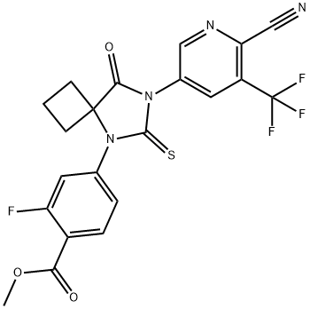 Benzoic acid, 4-[7-[6-cyano-5-(trifluoromethyl)-3-pyridinyl]-8-oxo-6-thioxo-5,7-diazaspiro[3.4]oct-5-yl]-2-fluoro-, methyl ester Structure