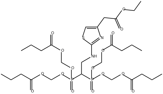 4-Thiazoleacetic acid, 2-[[2,2-bis[bis[(1-oxobutoxy)methoxy]phosphinyl]ethyl]amino]-, ethyl ester 구조식 이미지