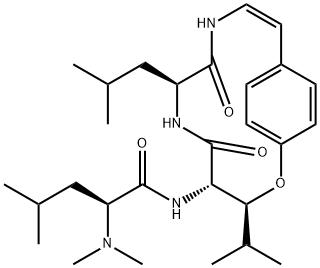 Pentanamide, 2-(dimethylamino)-4-methyl-N-[(3S,4S,7S,10Z)-3-(1-methylethyl)-7-(2-methylpropyl)-5,8-dioxo-2-oxa-6,9-diazabicyclo[10.2.2]hexadeca-10,12,14,15-tetraen-4-yl]-, (2S)- Structure