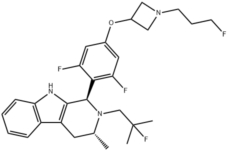 1H-Pyrido[3,4-b]indole, 1-[2,6-difluoro-4-[[1-(3-fluoropropyl)-3-azetidinyl]oxy]phenyl]-2-(2-fluoro-2-methylpropyl)-2,3,4,9-tetrahydro-3-methyl-, (1R,3R)- Structure