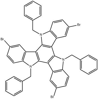 5H-Diindolo[3,2-a:3',2'-c]carbazole, 3,8,13-tribromo-10,15-dihydro-5,10,15-tris(phenylmethyl)- Structure