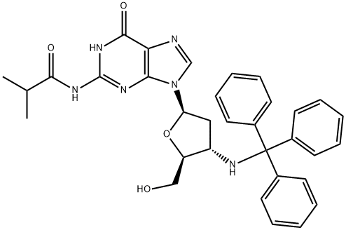 Guanosine, 2',3'-dideoxy-N-(2-methyl-1-oxopropyl)-3'-[(triphenylmethyl)amino]- Structure