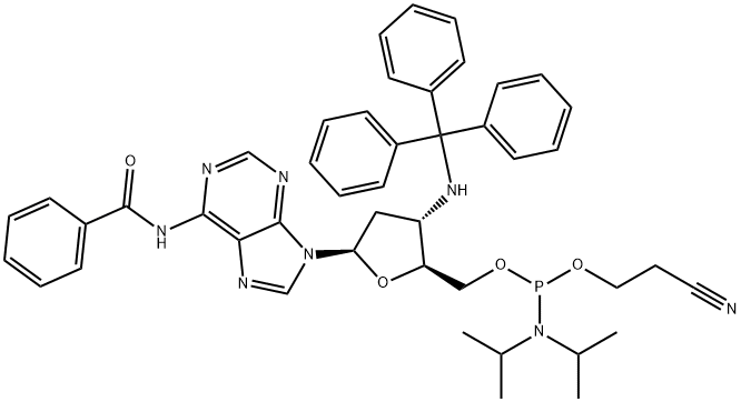 Adenosine, N-benzoyl-2',3'-dideoxy-3'-[(triphenylmethyl)amino]-, 5'-[2-cyanoethyl N,N-bis(1-methylethyl)phosphoramidite] 구조식 이미지