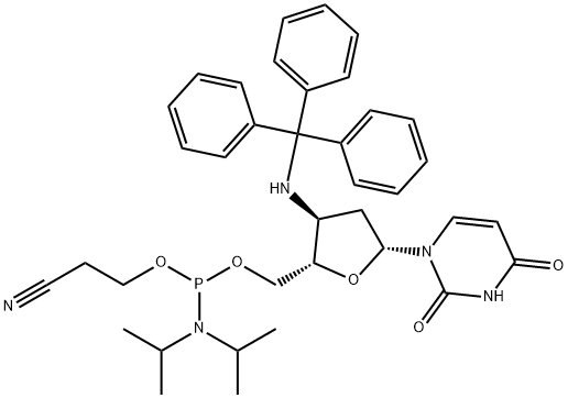 Uridine, 2',3'-dideoxy-3'-[(triphenylmethyl)amino]-, 5'-[2-cyanoethyl bis(1-methylethyl)phosphoramidite] (9CI) Structure