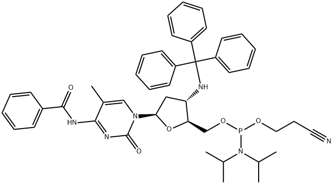 Cytidine, N-?benzoyl-?2',?3'-?dideoxy-?5-?methyl-?3'-?[(triphenylmethyl)?amino]?-?, 5'-?[2-?cyanoethyl N,?N-?bis(1-?methylethyl)?phosphoramidite] Structure