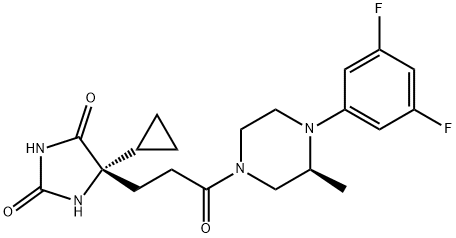 2,4-Imidazolidinedione, 5-cyclopropyl-5-[3-[(3S)-4-(3,5-difluorophenyl)-3-methyl-1-piperazinyl]-3-oxopropyl]-, (5S)- 구조식 이미지