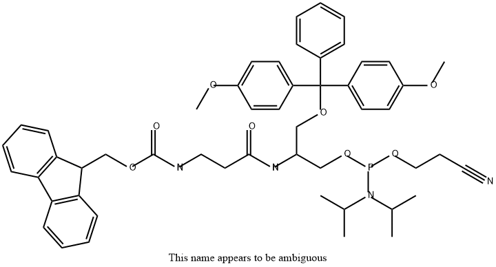 3-Dimethoxytrityloxy-2-(3-(fluorenylmethoxycarbonylamino)propanamido)propyl-1-O-(2-cyanoethyl)-(N,N-diisopropyl)-phosphoramidite Structure