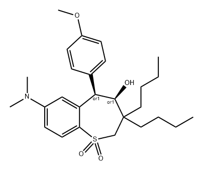 1-Benzothiepin-4-ol, 3,3-dibutyl-7-(dimethylamino)-2,3,4,5-tetrahydro-5-(4-methoxyphenyl)-, 1,1-dioxide, (4R,5R)-rel- Structure