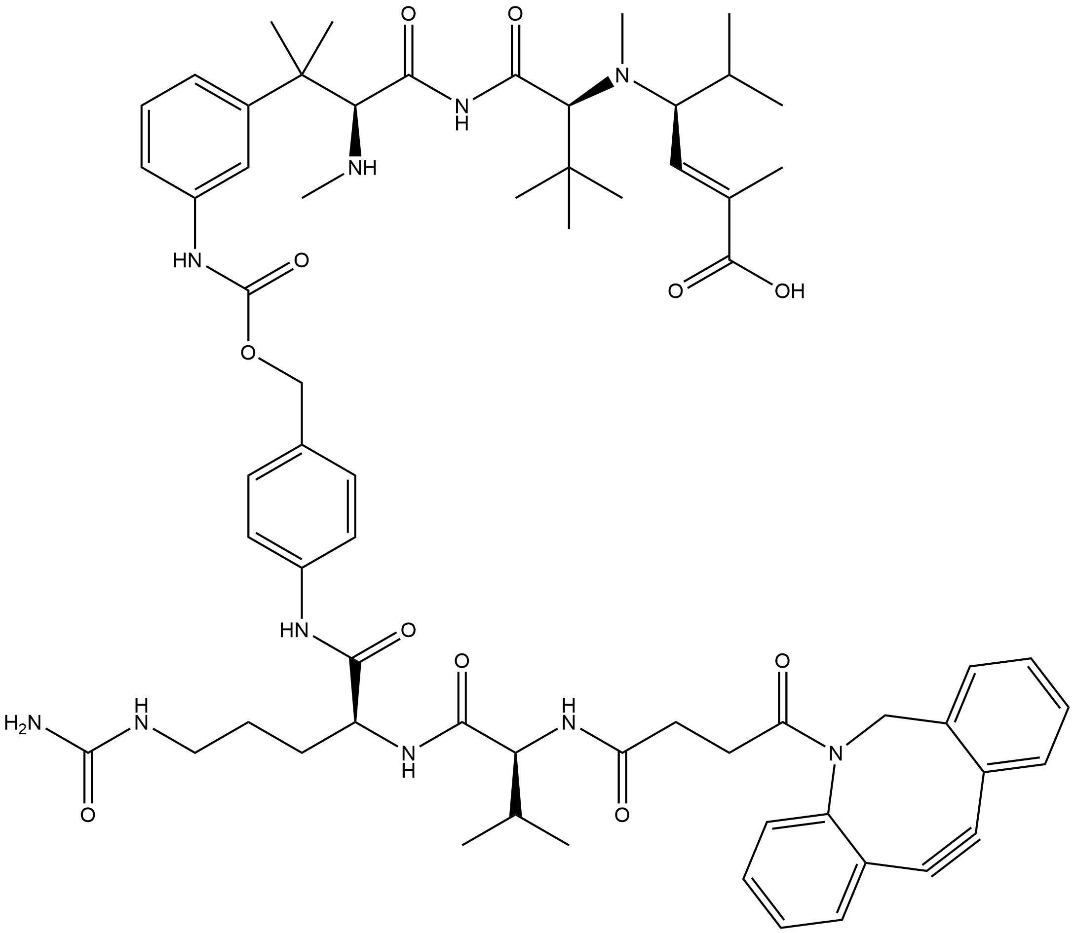 L-Valinamide, 3-[[[[4-[[N-[4-(11,12-didehydrodibenz[b,f]azocin-5(6H)-yl)-1,4-dioxobutyl]-L-valyl-N5-(aminocarbonyl)-L-ornithyl]amino]phenyl]methoxy]carbonyl]amino]-N,β,β-trimethyl-L-phenylalanyl-N-[(1S,2E)-3-carboxy-1-(1-methylethyl)-2-buten-1-yl]-N,3-dimethyl- Structure