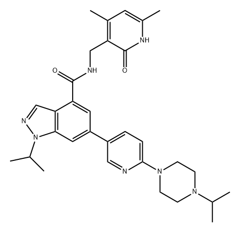 1H-Indazole-4-carboxamide, N-[(1,2-dihydro-4,6-dimethyl-2-oxo-3-pyridinyl)methyl]-1-(1-methylethyl)-6-[6-[4-(1-methylethyl)-1-piperazinyl]-3-pyridinyl]- Structure