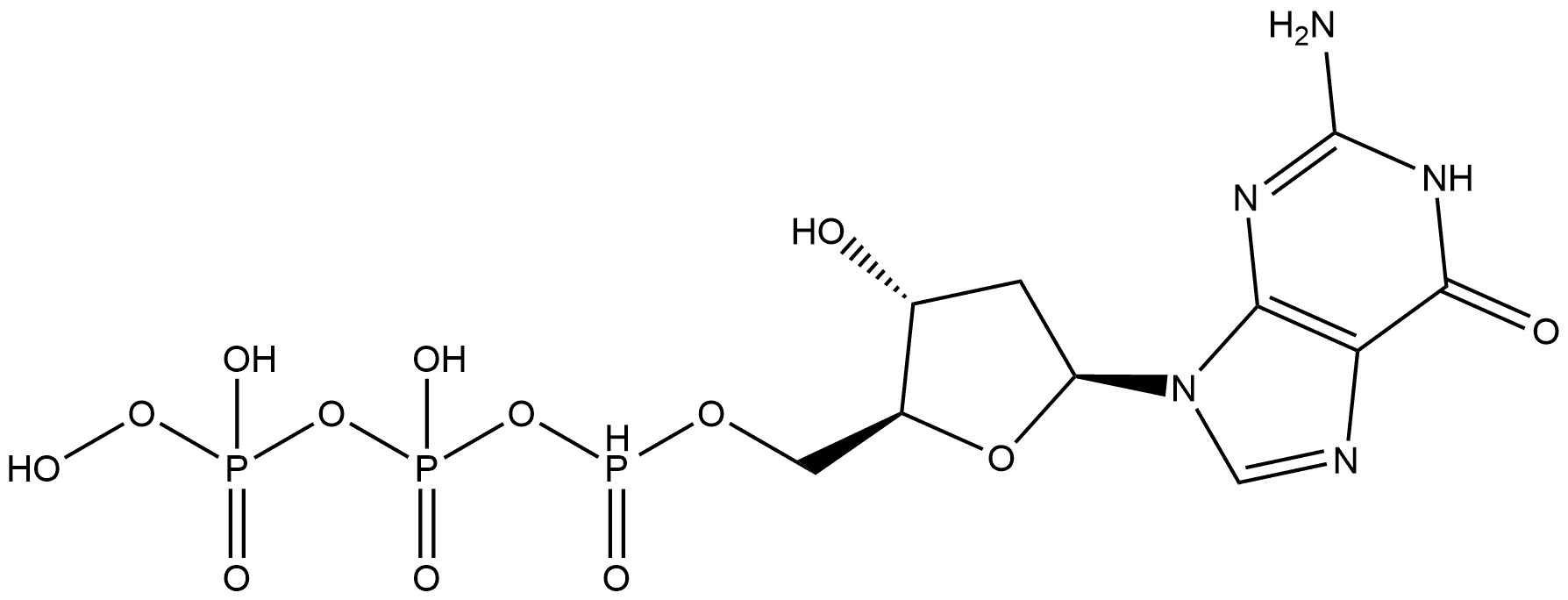 6H-Purin-6-one, 2-amino-9-[2-deoxy-5-O-[hydroxy[[hydroxy(phosphonooxy)phosphinyl]oxy]phosphinyl]-β-L-erythro-pentofuranosyl]-1,9-dihydro- Structure