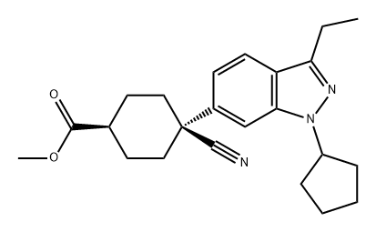 Cyclohexanecarboxylic acid, 4-cyano-4-(1-cyclopentyl-3-ethyl-1H-indazol-6-yl)-, methyl ester, trans- Structure