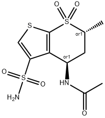 Acetamide, N-[(4R,6R)-3-(aminosulfonyl)-5,6-dihydro-6-methyl-7,7-dioxido-4H-thieno[2,3-b]thiopyran-4-yl]-, rel- Structure