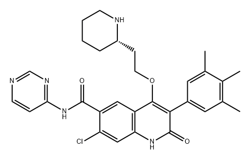 6-Quinolinecarboxamide, 7-chloro-1,2-dihydro-2-oxo-4-[2-(2S)-2-piperidinylethoxy]-N-4-pyrimidinyl-3-(3,4,5-trimethylphenyl)- Structure