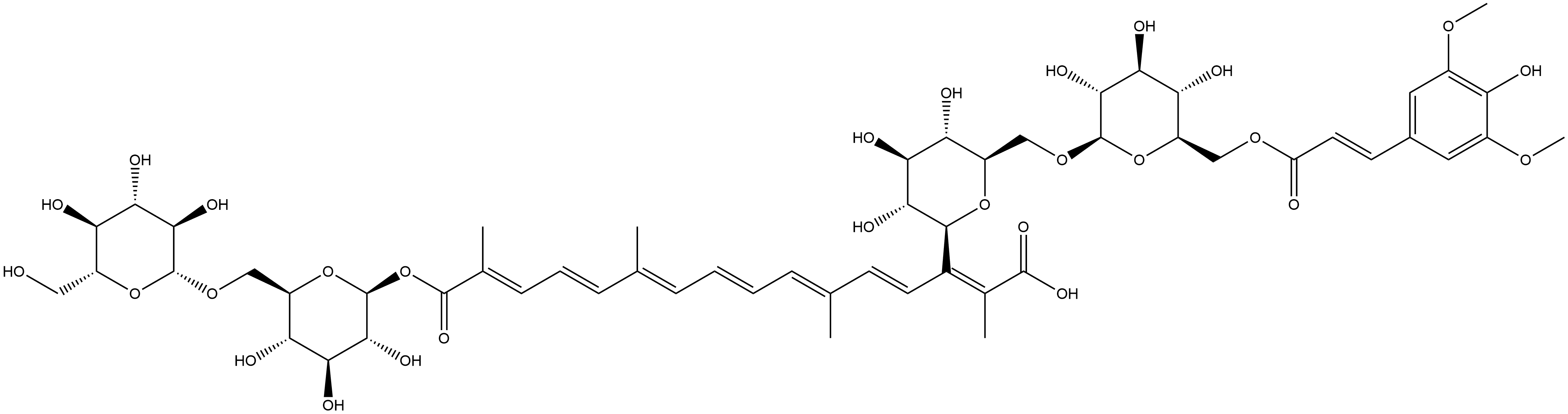 β-D-Glucopyranose, 6-O-β-D-glucopyranosyl-, 1-[14-[6-O-[6-O-[(2E)-3-(4-hydroxy-3,5-dimethoxyphenyl)-1-oxo-2-propen-1-yl]-β-D-glucopyranosyl]-β-D-glucopyranosyl] (2E,4E,6E,8E,10E,12E,14E)-2,6,11,15-tetramethyl-2,4,6,8,10,12,14-hexadecaheptaenedioate] 구조식 이미지
