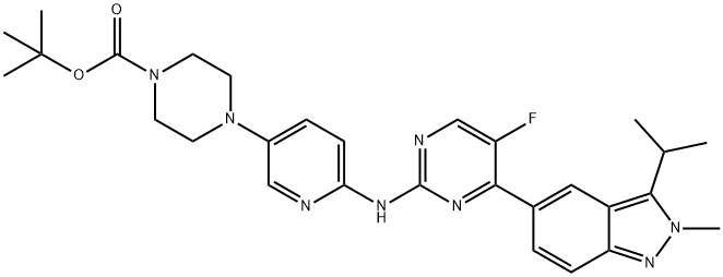 1-Piperazinecarboxylic acid, 4-[6-[[5-fluoro-4-[2-methyl-3-(1-methylethyl)-2H-indazol-5-yl]-2-pyrimidinyl]amino]-3-pyridinyl]-, 1,1-dimethylethyl ester Structure