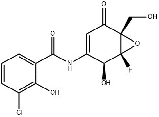 Benzamide, 3-chloro-2-hydroxy-N-[(1R,2S,6R)-2-hydroxy-6-(hydroxymethyl)-5-oxo-7-oxabicyclo[4.1.0]hept-3-en-3-yl]- Structure