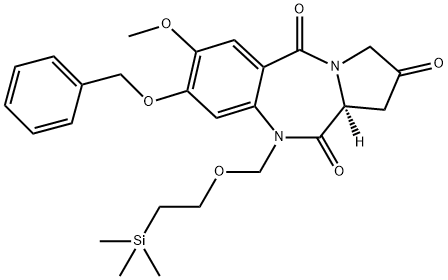 1H-Pyrrolo[2,1-c][1,4]benzodiazepine-2,5,11(3H,10H,11aH)-trione, 7-methoxy-8-(phenylmethoxy)-10-[[2-(trimethylsilyl)ethoxy]methyl]-, (11aS)- Structure