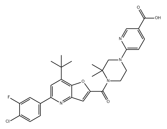 3-Pyridinecarboxylic acid, 6-[4-[[5-(4-chloro-3-fluorophenyl)-7-(1,1-dimethylethyl)furo[3,2-b]pyridin-2-yl]carbonyl]-3,3-dimethyl-1-piperazinyl]- Structure