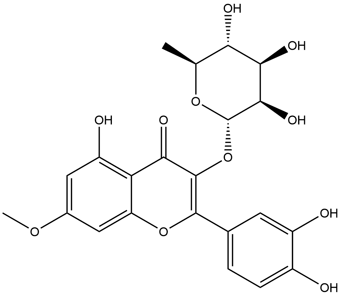 4H-1-Benzopyran-4-one, 3-[(6-deoxy-α-L-mannopyranosyl)oxy]-2-(3,4-dihydroxyphenyl)-5-hydroxy-7-methoxy- 구조식 이미지