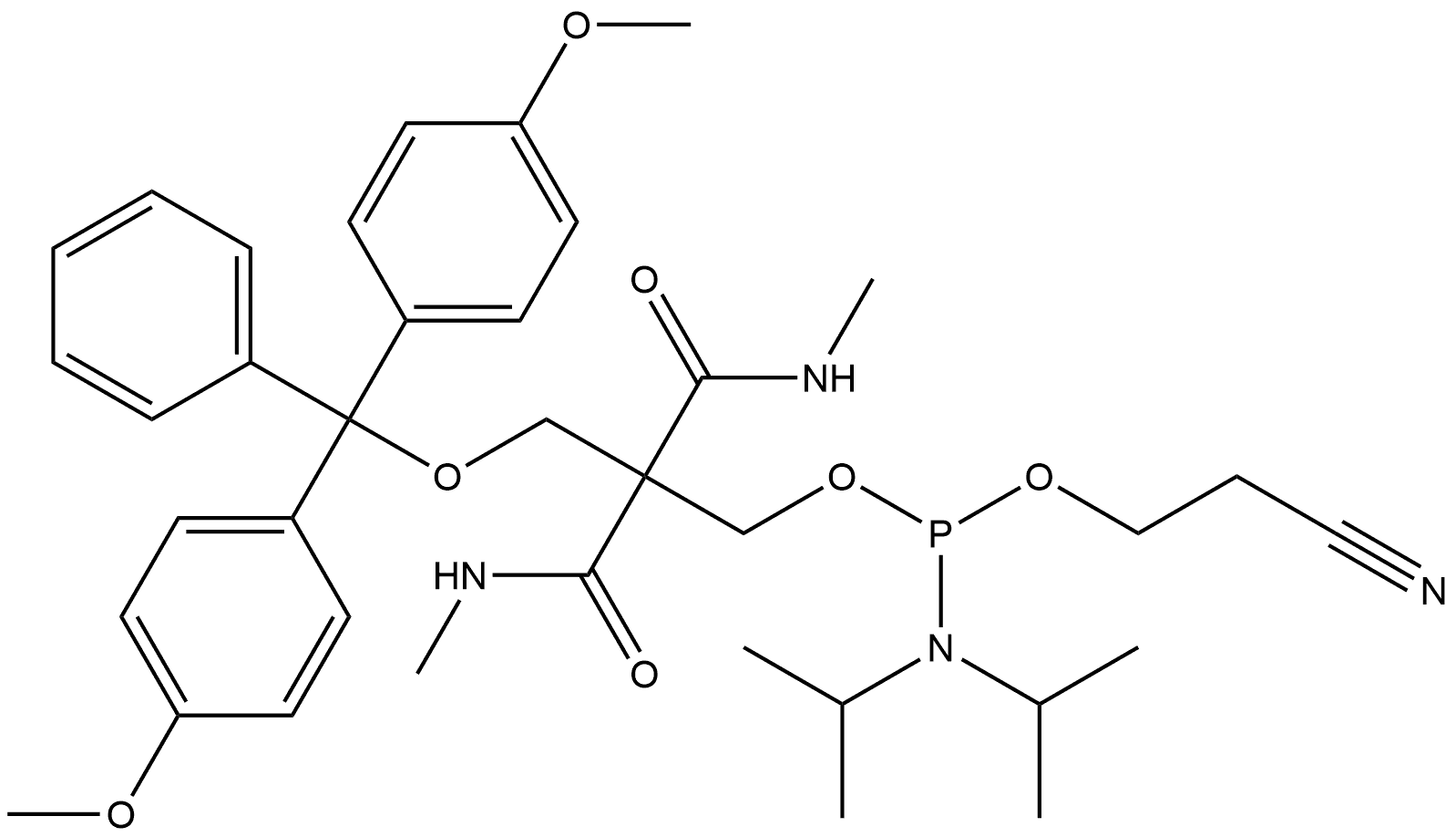 Phosphoramidous acid, bis(1-methylethyl)-, 2-[[bis(4-methoxyphenyl)phenylmethoxy]methyl]-3-(methylamino)-2-[(methylamino)carbonyl]-3-oxopropyl 2-cyanoethyl ester (9CI) Structure