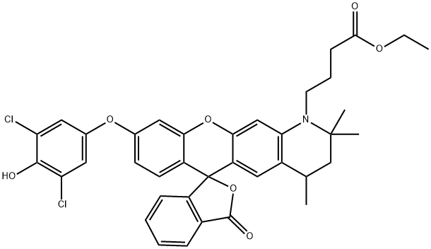 Spiro[6H-[1]benzopyrano[3,2-g]quinoline-6,1'(3'H)-isobenzofuran]-1(2H)-butanoic acid, 9-(3,5-dichloro-4-hydroxyphenoxy)-3,4-dihydro-2,2,4-trimethyl-3'-oxo-, ethyl ester Structure