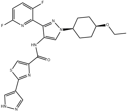 4-Thiazolecarboxamide, N-[3-(3,6-difluoro-2-pyridinyl)-1-(cis-4-ethoxycyclohexyl)-1H-pyrazol-4-yl]-2-(1H-pyrazol-4-yl)- Structure