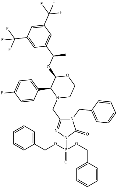 Phosphonic acid, P-[3-[[(2R,3S)-2-[(1R)-1-[3,5-bis(trifluoromethyl)phenyl]ethoxy]-3-(4-fluorophenyl)-4-morpholinyl]methyl]-4,5-dihydro-5-oxo-4-(phenylmethyl)-1H-1,2,4-triazol-1-yl]-, bis(phenylmethyl) ester Structure