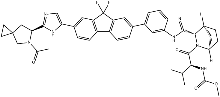 Carbamic acid, N-[(1S)-1-[[(1R,3S,4S)-3-[6-[7-[2-[(6S)-5-acetyl-5-azaspiro[2.4]hept-6-yl]-1H-imidazol-5-yl]-9,9-difluoro-9H-fluoren-2-yl]-1H-benzimidazol-2-yl]-2-azabicyclo[2.2.1]hept-2-yl]carbonyl]-2-methylpropyl]-, methyl ester Structure