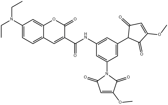 7-(Diethylamino)-N-(3-(3-methoxy-2,5-dioxo-2,5-dihydro-1H-pyrrol-1-yl)-5-(3-methoxy-2,5-dioxocyclopent-3-en-1-yl)phenyl)-2-oxo-2H-chromene-3-carboxamide 구조식 이미지