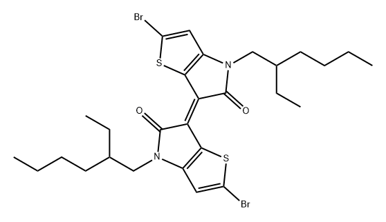 5H-Thieno[3,2-b]pyrrol-5-one, 2-bromo-6-[2-bromo-4-(2-ethylhexyl)-4,5-dihydro-5-oxo-6H-thieno[3,2-b]pyrrol-6-ylidene]-4-(2-ethylhexyl)-4,6-dihydro-, (6E)- Structure