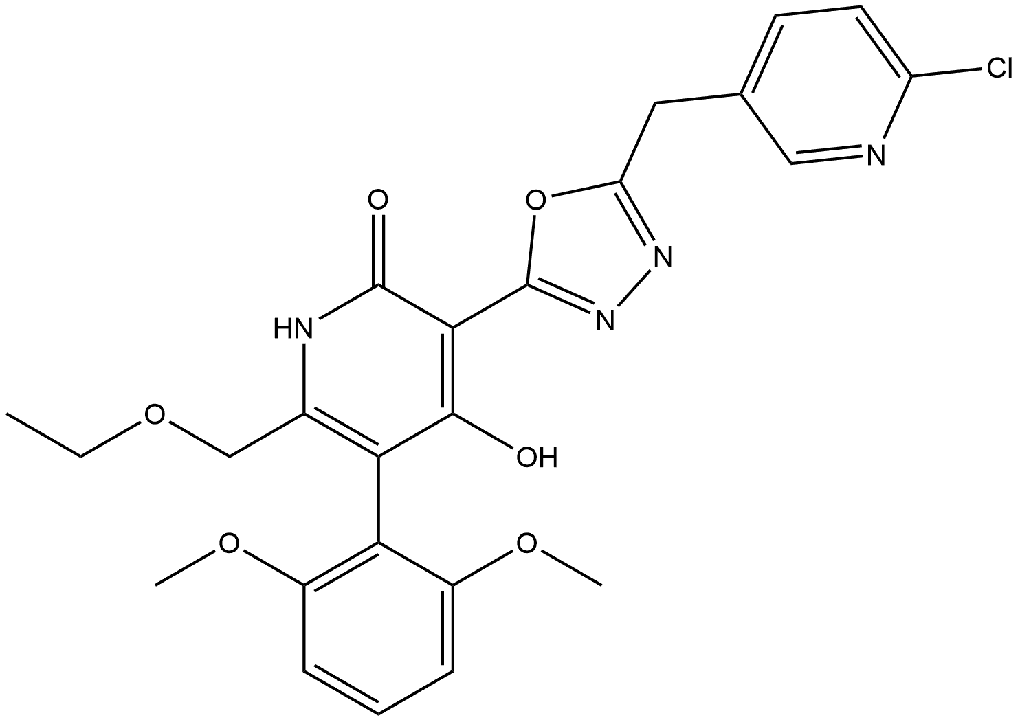 3-{5-[(6-chloropyridin-3-yl)methyl]-1,3,4-oxadiazol-2-yl}-5-(2,6-dimethoxyphenyl)-6-(ethoxymethyl)pyridine-2,4-diol 구조식 이미지