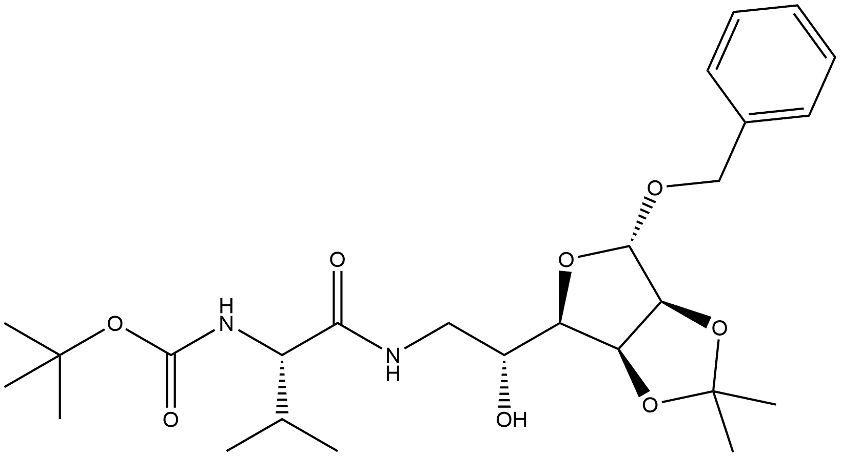 α-D-Mannofuranoside, phenylmethyl 6-deoxy-6-[[(2S)-2-[[(1,1-dimethylethoxy)carbonyl]amino]-3-methyl-1-oxobutyl]amino]-2,3-O-(1-methylethylidene)- Structure