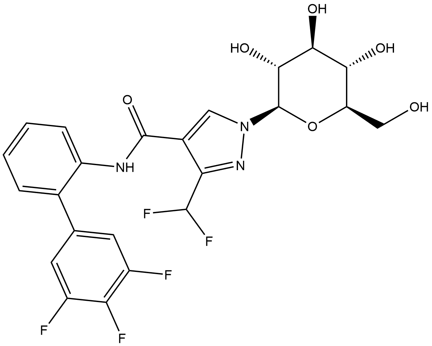 1H-Pyrazole-4-carboxamide, 3-(difluoromethyl)-1-β-D-glucopyranosyl-N-(3',4',5'-trifluoro[1,1'-biphenyl]-2-yl)- Structure