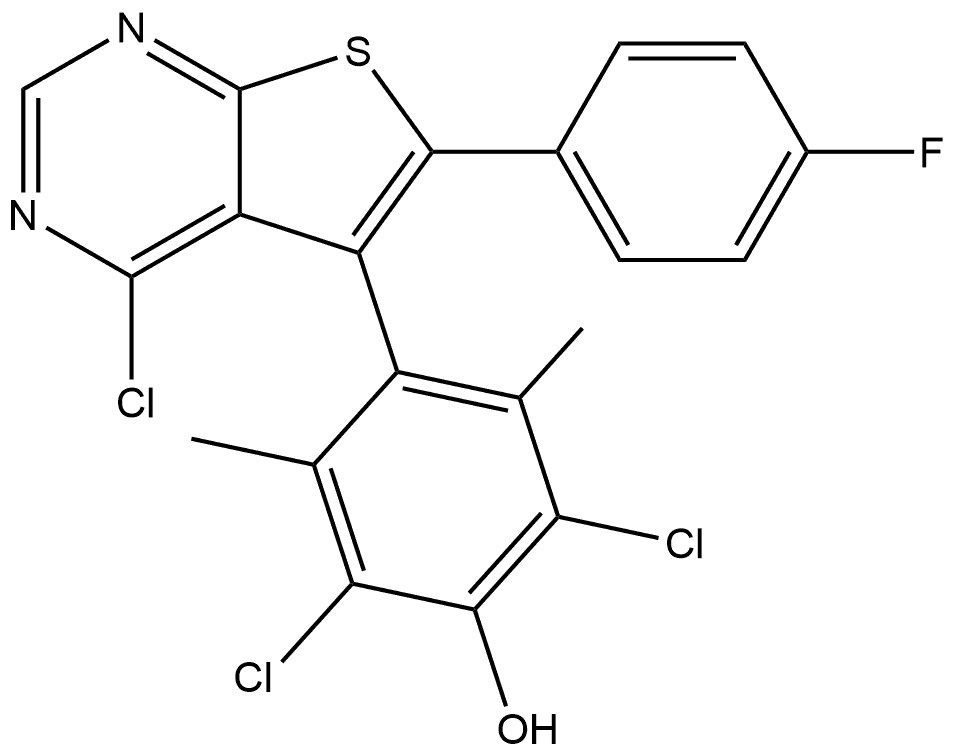 2,6-dichloro-4-(4-chloro-6-(4-fluorophenyl)thieno[2,3-d]pyrimidin-5-yl)-3,5-dimethylphenol 구조식 이미지
