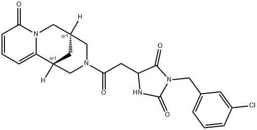 3-(3-chlorobenzyl)-5-(2-oxo-2-((1S,5S)-8-oxo-5,6-dihydro-1H-1,5-methanopyrido[1,2-a][1,5]diazocin-3(2H,4H,8H)-yl)ethyl)imidazolidine-2,4-dione Structure