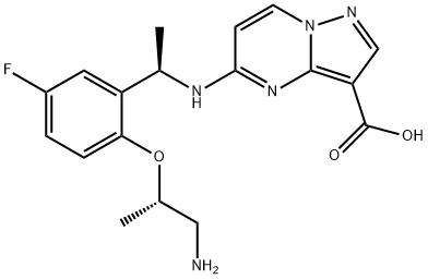 Pyrazolo[1,5-a]pyrimidine-3-carboxylic acid, 5-[[(1R)-1-[2-[(1S)-2-amino-1-methylethoxy]-5-fluorophenyl]ethyl]amino]- Structure