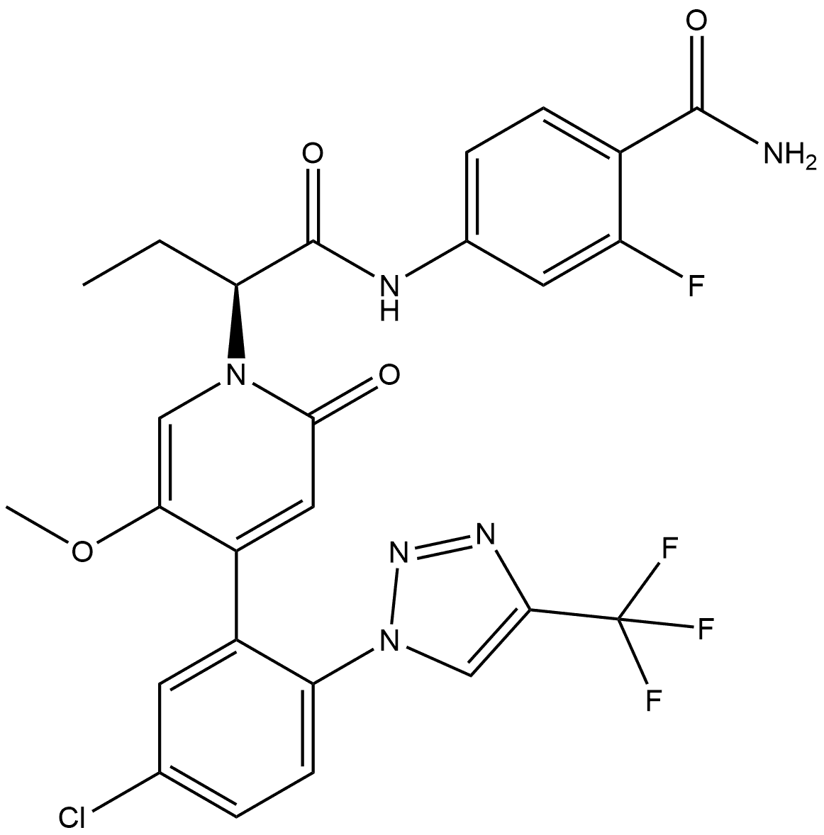 1(2H)-Pyridineacetamide, N-[4-(aminocarbonyl)-3-fluorophenyl]-4-[5-chloro-2-[4-(trifluoromethyl)-1H-1,2,3-triazol-1-yl]phenyl]-α-ethyl-5-methoxy-2-oxo-, (αS)- Structure