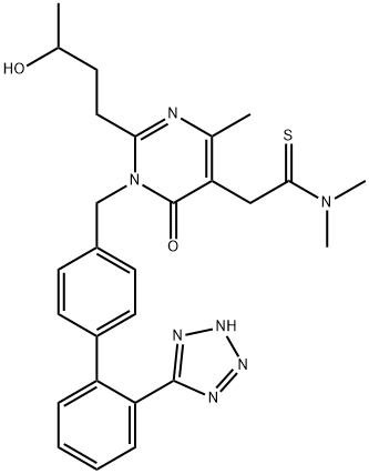 5-Pyrimidineethanethioamide, 1,6-dihydro-2-(3-hydroxybutyl)-N,N,4-trimethyl-6-oxo-1-[[2'-(2H-tetrazol-5-yl)[1,1'-biphenyl]-4-yl]methyl]- 구조식 이미지