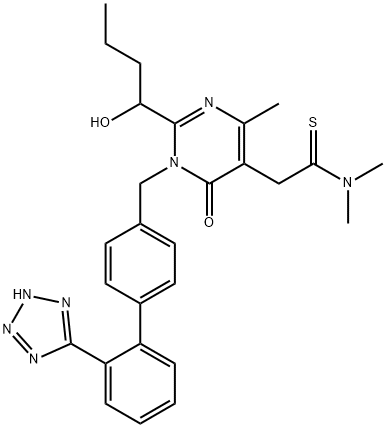 5-Pyrimidineethanethioamide, 1,6-dihydro-2-(1-hydroxybutyl)-N,N,4-trimethyl-6-oxo-1-[[2'-(2H-tetrazol-5-yl)[1,1'-biphenyl]-4-yl]methyl]- 구조식 이미지