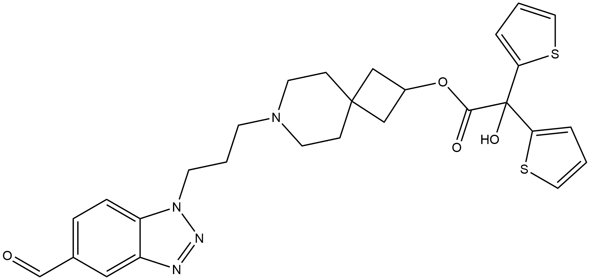 2-Thiopheneacetic acid, α-hydroxy-α-2-thienyl-, 7-[3-(5-formyl-1H-benzotriazol-1-yl)propyl]-7-azaspiro[3.5]non-2-yl ester Structure