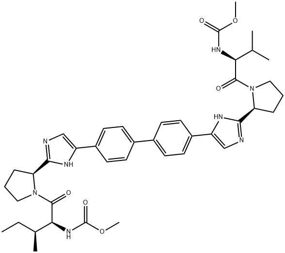 Carbamic acid, N-[(1S,2S)-1-[[(2S)-2-[5-[4'-[2-[(2S)-1-[(2S)-2-[(methoxycarbonyl)amino]-3-methyl-1-oxobutyl]-2-pyrrolidinyl]-1H-imidazol-5-yl][1,1'-biphenyl]-4-yl]-1H-imidazol-2-yl]-1-pyrrolidinyl]carbonyl]-2-methylbutyl]-, methyl ester Structure