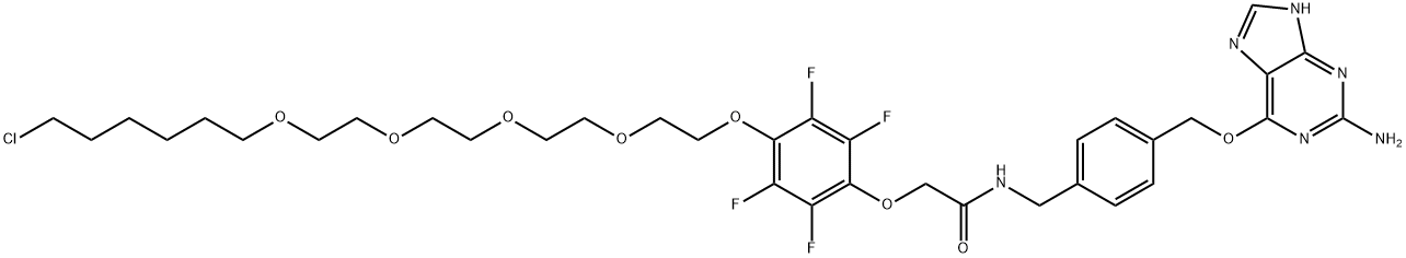 Acetamide, N-[[4-[[(2-amino-9H-purin-6-yl)oxy]methyl]phenyl]methyl]-2-[4-[(18-chloro-3,6,9,12-tetraoxaoctadec-1-yl)oxy]-2,3,5,6-tetrafluorophenoxy]- 구조식 이미지