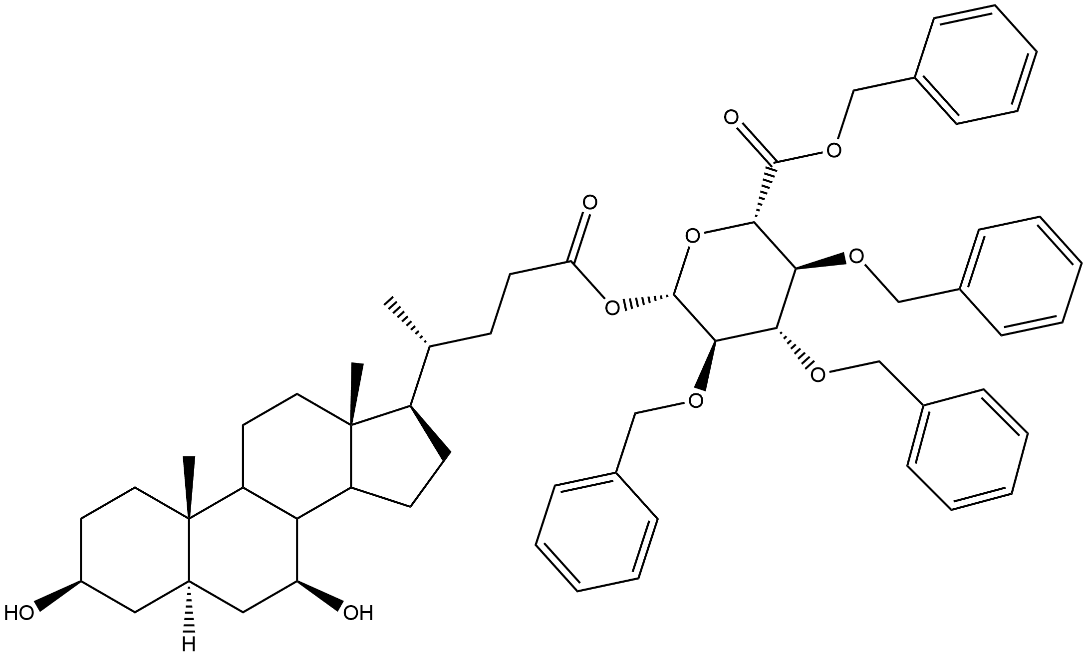 β-D-Glucopyranuronic acid, 2,3,4-tris-O-(phenylmethyl)-, phenylmethyl ester, (3α,5β,7α)-3,7-dihydroxycholan-24-oate Structure